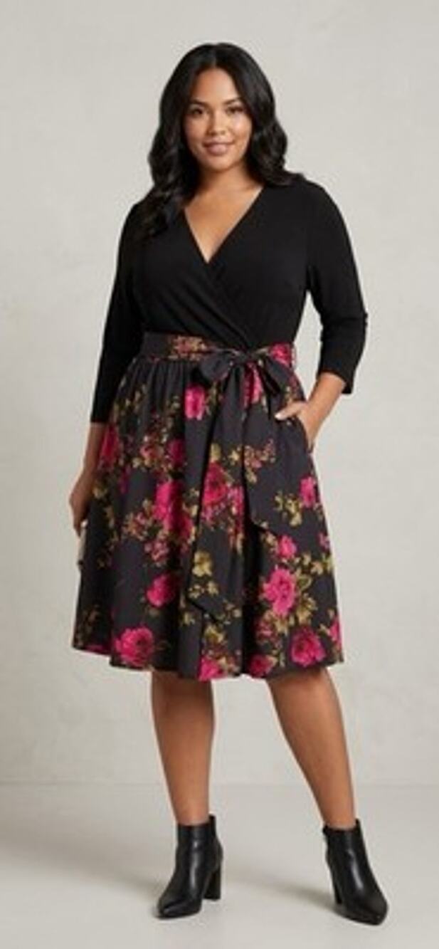 J Peterman Floral Midi Dress Black Knit Bodice V Neck 3/4 Sleeve Sz 16